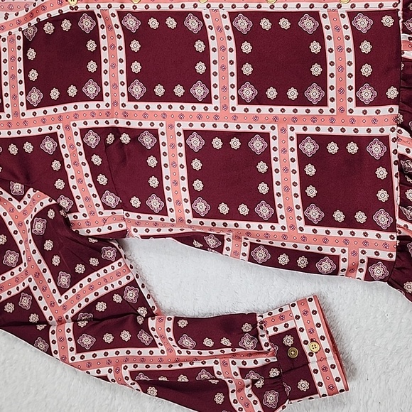 Ann Taylor LOFT Multicolor Long Sleeve Geometric Border Flounce Shirt Dress - Picture 9 of 11